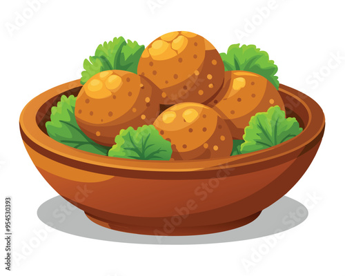 fried falafel in wooden bowl vector illustration on white background