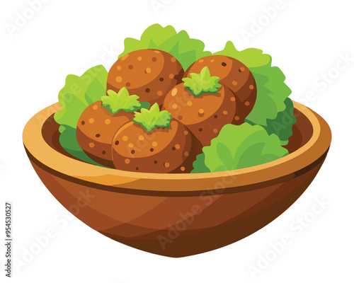 fried falafel in wooden bowl vector illustration on white background