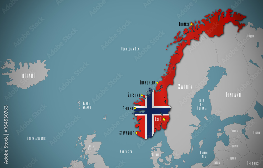 Map of Norway in the colors of national flag. Major cities are marked.