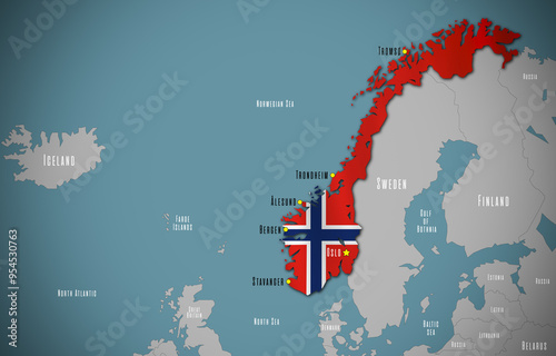 Obraz na płótnie Map of Norway in the colors of national flag. Major cities are marked. w salonie