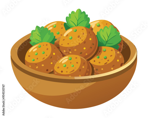 fried falafel in wooden bowl vector illustration on white background