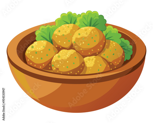fried falafel in wooden bowl vector illustration on white background