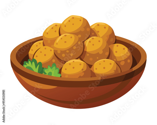 fried falafel in wooden bowl vector illustration on white background