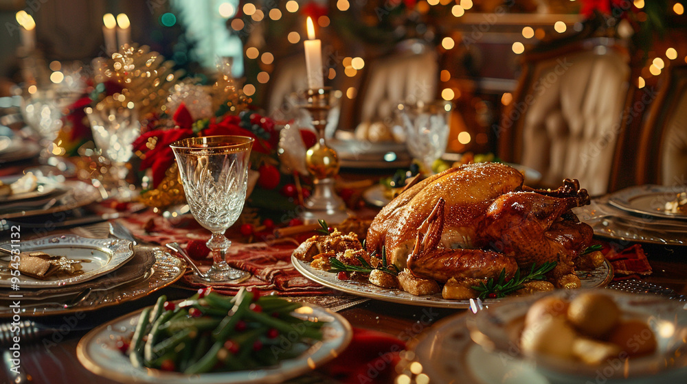 A beautifully set Christmas table with elegant place settings, featuring a centerpiece of roast turkey with cranberry sauce and a side of green beans. A beautifully set Christmas table with elegant place settings, featuring a centerpiece of roast turkey with cranberry sauce and a side of green beans.