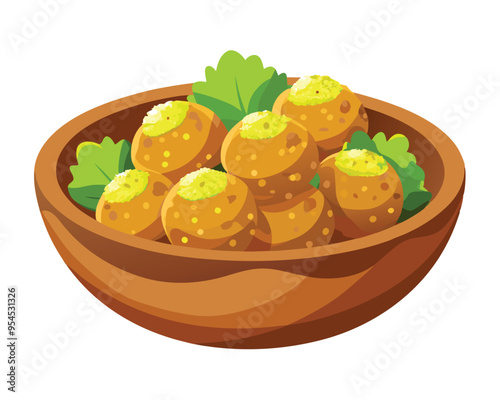 fried falafel in wooden bowl vector illustration on white background