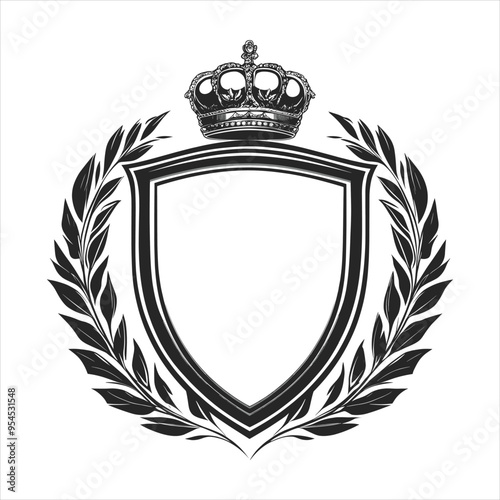 A black and white heraldic shield with a crown and laurel wreath