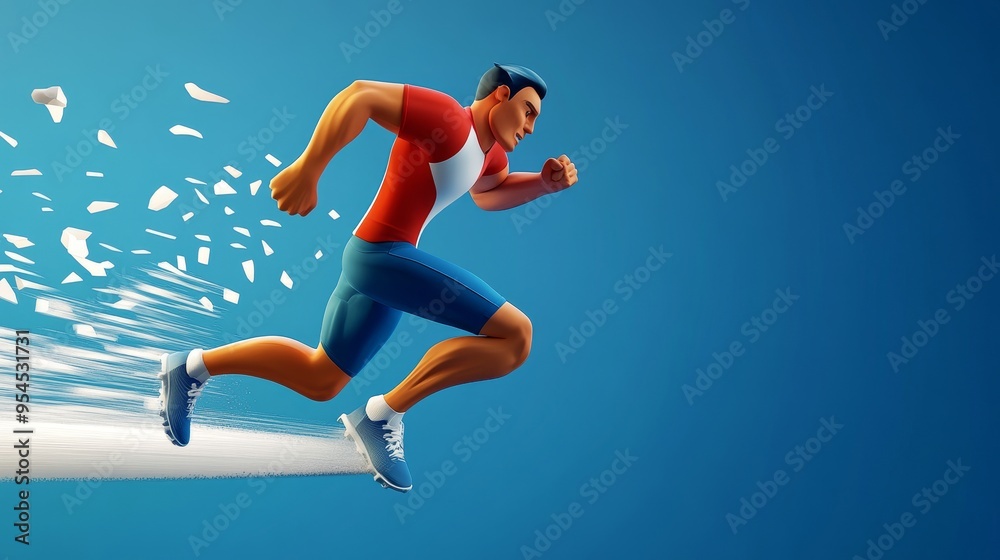 Obraz premium Energetic athlete sprinting with motion effects, symbolizing speed and determination in a vibrant blue background.