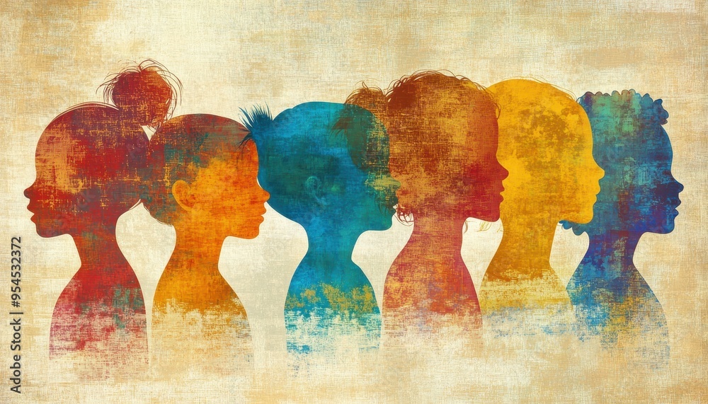 Fototapeta premium Unity in Diversity: Multicultural Children Silhouettes in Kindergarten Educational Poster