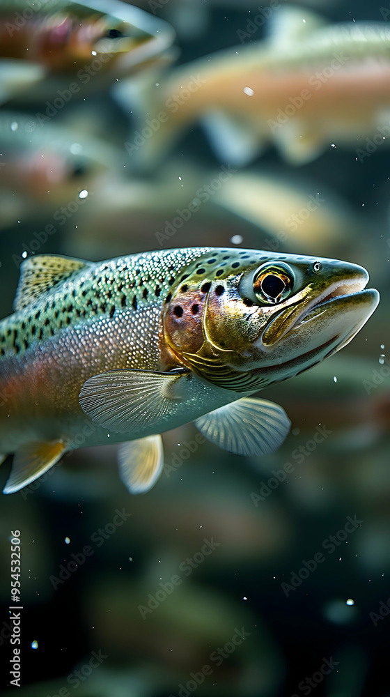 A rainbow trout swims in clear water, with a blurred background of other fish. A rainbow trout swims in clear water, with a blurred background of other fish.