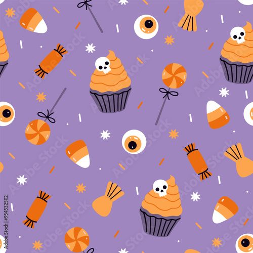 Seamless pattern with Halloween candies and cupcakes. Vector graphics.