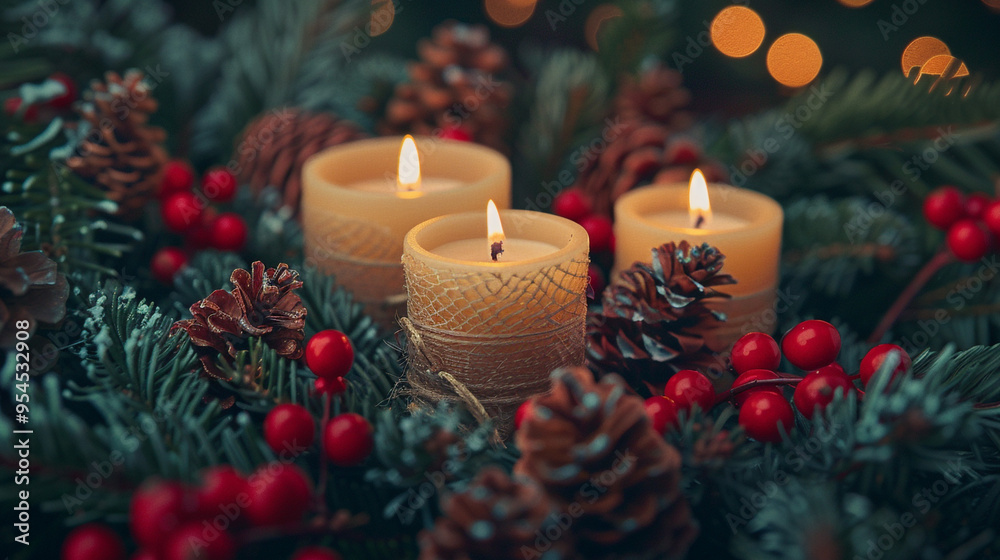 A close-up of a Christmas centerpiece featuring a collection of candles surrounded by fresh evergreen branches, pinecones, and red berries. A close-up of a Christmas centerpiece featuring a collection of candles surrounded by fresh evergreen branches, pinecones, and red berries.