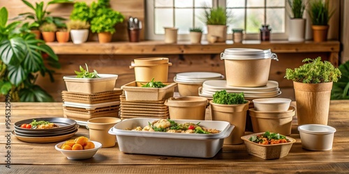 Wallpaper Mural Biodegradable food containers arranged neatly on a wooden table indoors, eco-friendly, sustainable Torontodigital.ca
