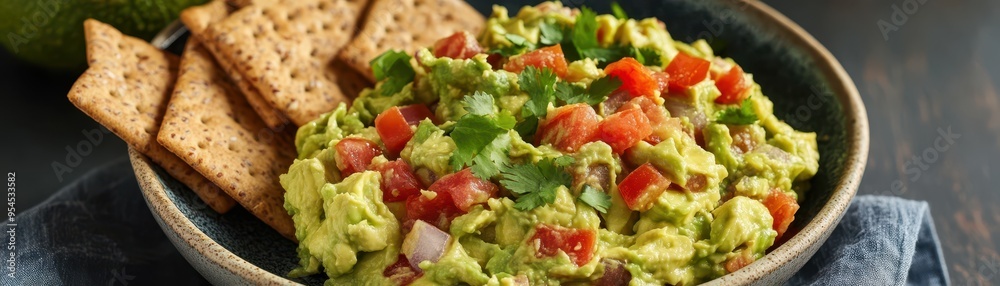 A flavorful bowl of guacamole topped with fresh vegetables and served with crispy crackers, perfect for snacking. A flavorful bowl of guacamole topped with fresh vegetables and served with crispy crackers, perfect for snacking.