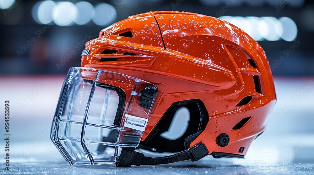 Orange Ice Hockey Helmet with Clear Cage and Water Droplets