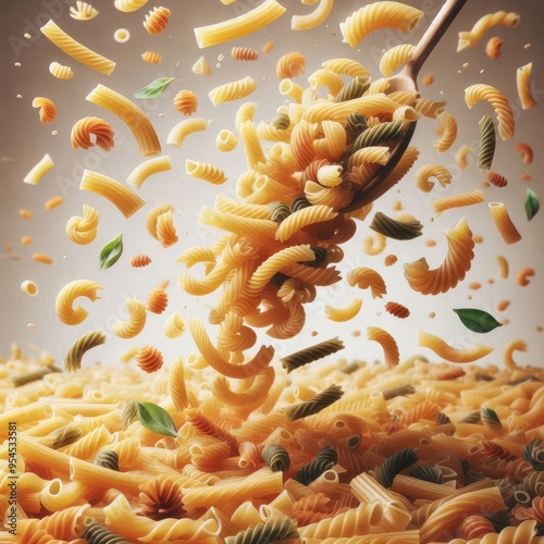 Falling raw Fusilli, Rotini, uncooked Italian Pasta, isolated on прозрачном background, full depth of field
 photo