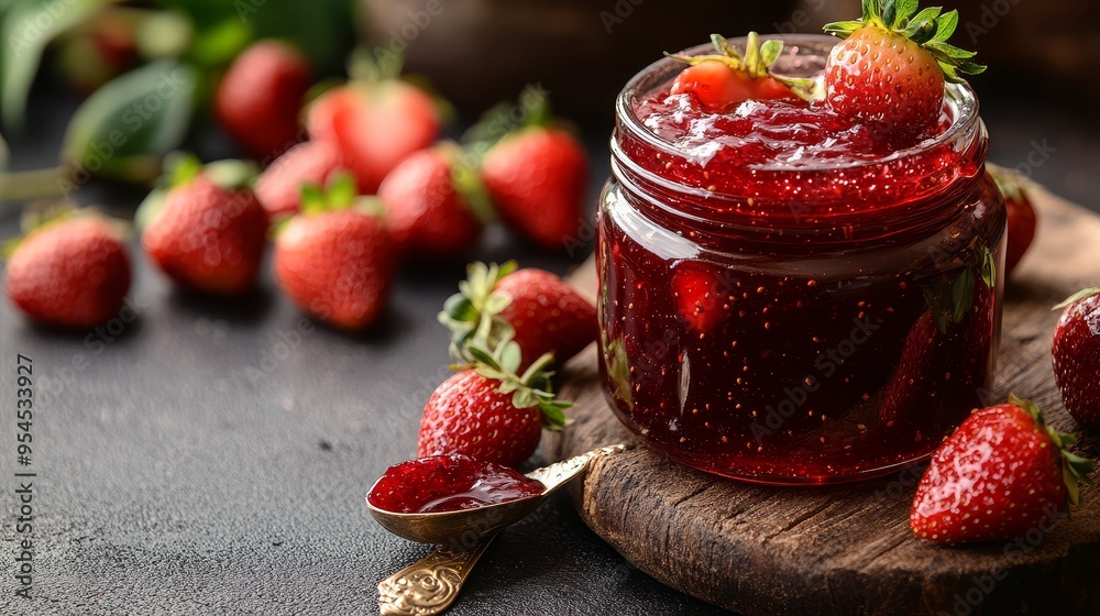 Homemade Strawberry Jam in Glass Jar with Fresh Berries