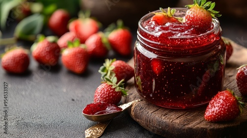 Obraz na płótnie Homemade Strawberry Jam in Glass Jar with Fresh Berries w salonie