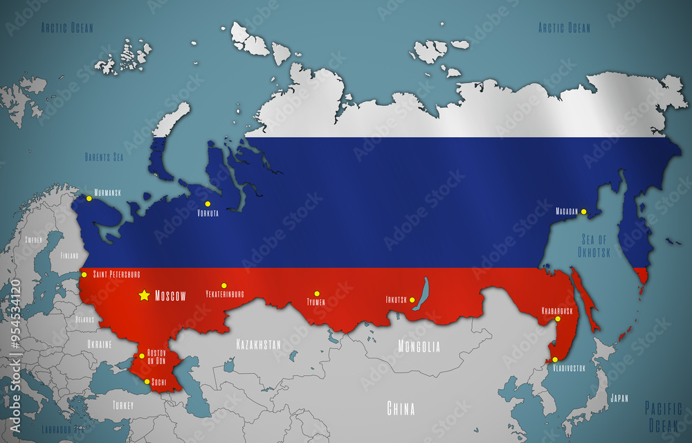Map of Russia in the colors of national flag. Major cities are marked.