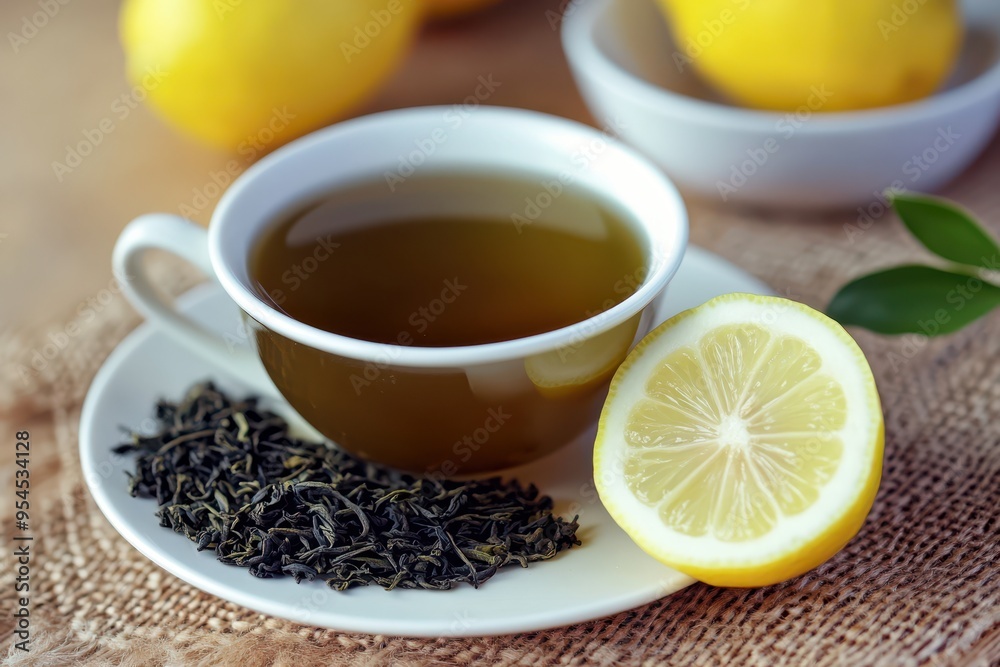 A refreshing cup of green tea served with a slice of lemon and loose tea leaves, perfect for a healthy lifestyle. A refreshing cup of green tea served with a slice of lemon and loose tea leaves, perfect for a healthy lifestyle.