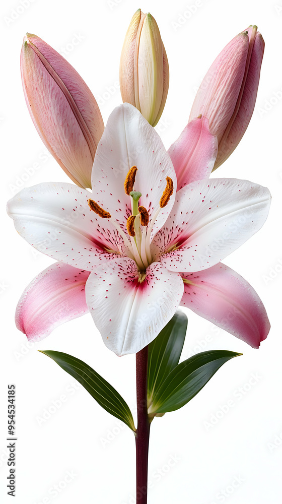 Fototapeta premium A single pink and white lily with buds isolated on white background.