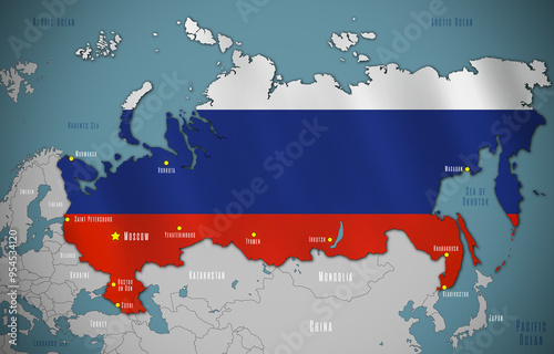 Obraz na płótnie Map of Russia in the colors of national flag. Major cities are marked. w salonie