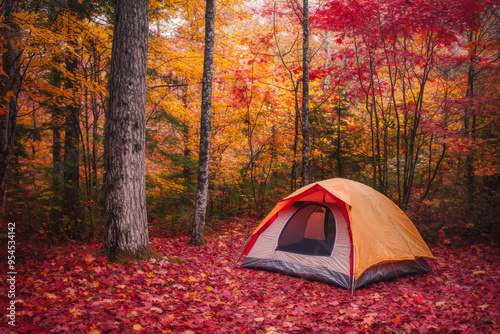 A vibrant orange tent nestled among colorful autumn foliage, creating an inviting scene for outdoor camping.