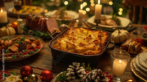 A cozy Christmas dinner setting with a rustic wooden table, featuring a spread of comfort foods such as shepherda??s pie, baked ham, and seasonal vegetables. photo