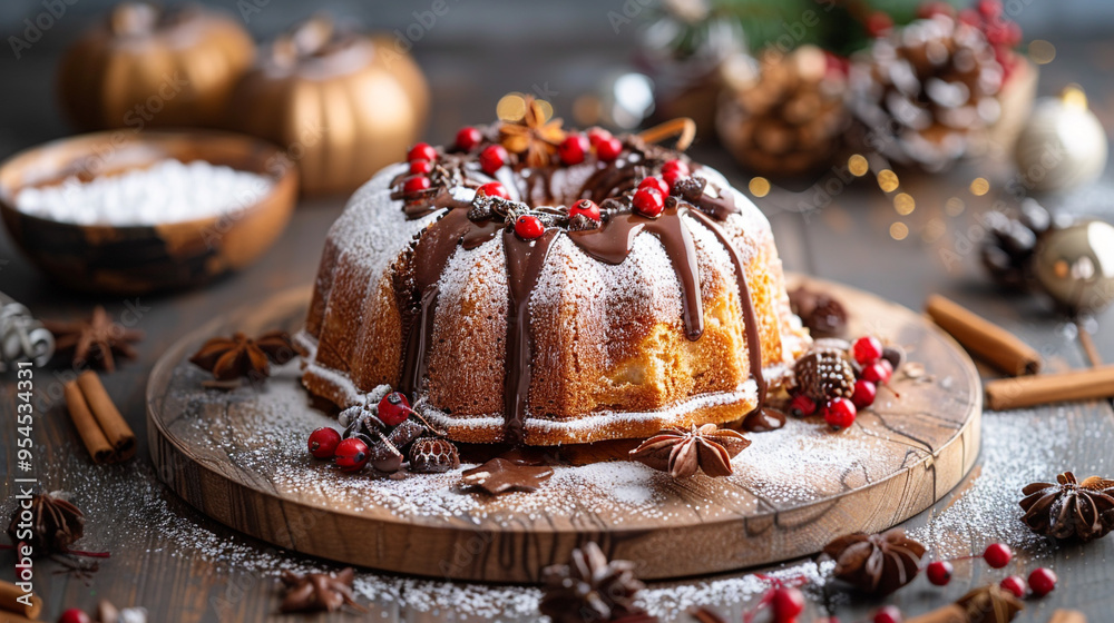 A festive Bundt cake decorated with a dusting of powdered sugar and a drizzle of chocolate, surrounded by holiday-themed garnishes. A festive Bundt cake decorated with a dusting of powdered sugar and a drizzle of chocolate, surrounded by holiday-themed garnishes.