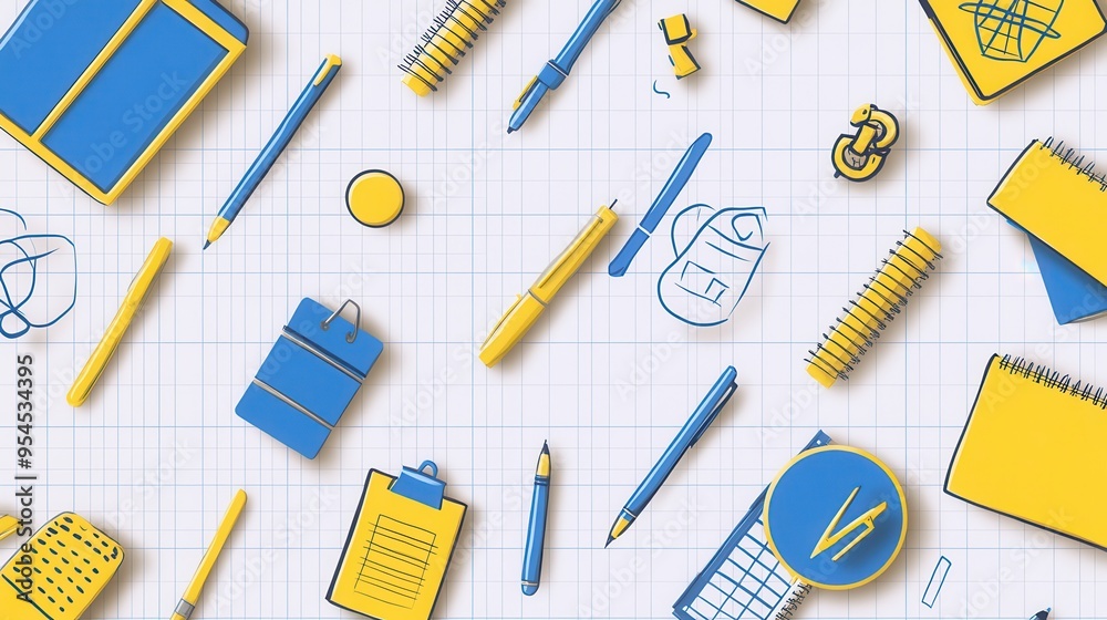Back-to-School Grid Design in Blue and Yellow with Notebook and Pen Icons, Perfect for Announcements Back-to-School Grid Design in Blue and Yellow with Notebook and Pen Icons, Perfect for Announcements