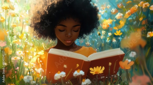 Closeup of a black girl reading a book in a flowerfilled meadow, peaceful and reflective photo