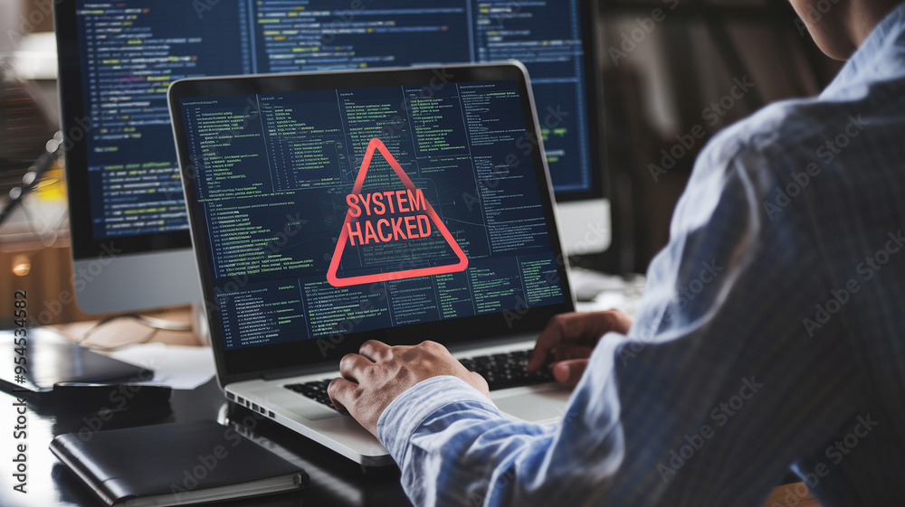 Cyber security breach showing a man working on a computer with a ...