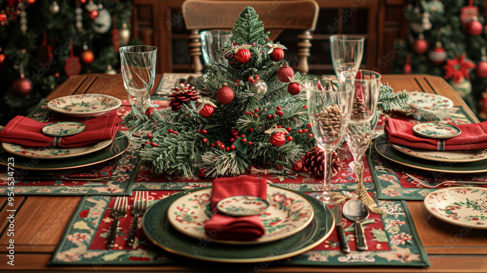 A festive holiday table set with red and green placemats, holiday-themed napkins, and a centerpiece of a small evergreen tree with miniature ornaments. A festive holiday table set with red and green placemats, holiday-themed napkins, and a centerpiece of a small evergreen tree with miniature ornaments.