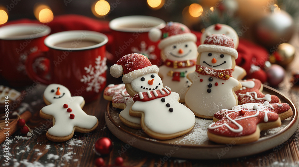 A festive scene with a hot cup of cocoa and a plate of Christmas cookies shaped like stockings, snowmen, and Christmas trees, set on a wooden table. A festive scene with a hot cup of cocoa and a plate of Christmas cookies shaped like stockings, snowmen, and Christmas trees, set on a wooden table.