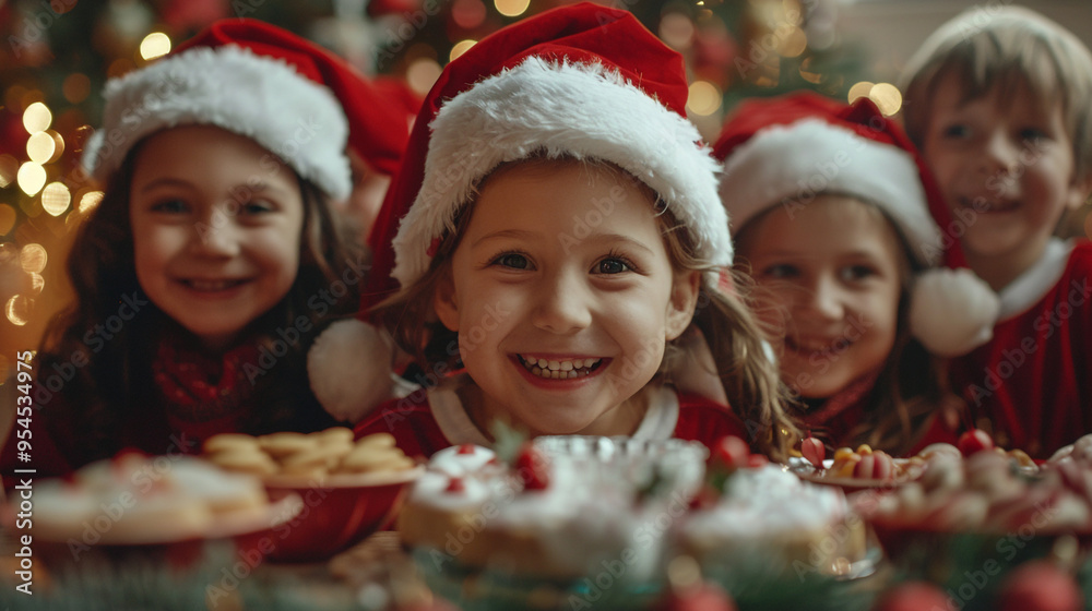 A group of children in Santa costumes gathered around a festive table set with holiday treats, with big smiles and a backdrop of Christmas decorations. A group of children in Santa costumes gathered around a festive table set with holiday treats, with big smiles and a backdrop of Christmas decorations.