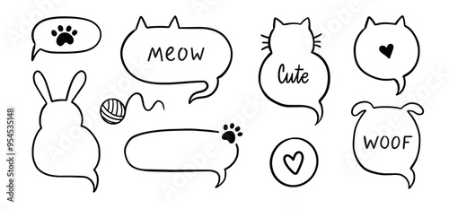 Cat dog pet frame, speech bubble cute set. Hand drawn sketch doodle line style animal pet frame design. Cat, dog paw cute talk speech bubble design. Puppy round footprint badge. Vector illustration.