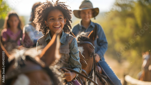 A family enjoying a horse ride together with everyone smiling and enjoying the experience.