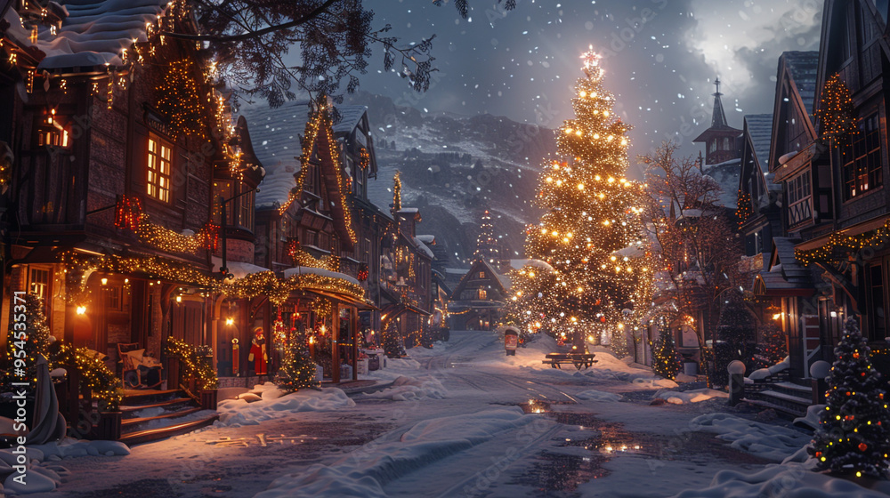 A picturesque village square covered in snow, with a large Christmas tree in the center, surrounded by quaint shops and houses decorated with lights. A picturesque village square covered in snow, with a large Christmas tree in the center, surrounded by quaint shops and houses decorated with lights.