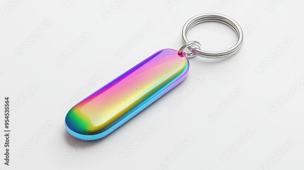 A colorful rainbow keychain with a metallic finish and a keyring attachment. A colorful rainbow keychain with a metallic finish and a keyring attachment.