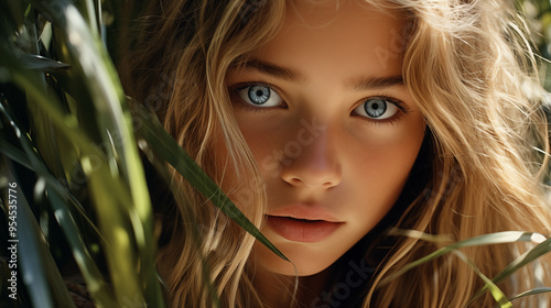 portrait of a beautiful girl with green leaves photo