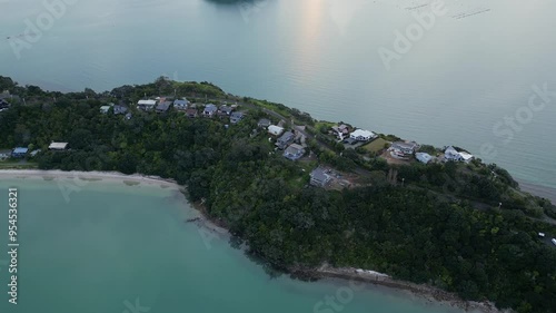 Coromandel, New Zealand: Aerial drone footage of the luxury resiendences on the ridge of Wyuna Bay in the Coromandel pensinsula and town. photo