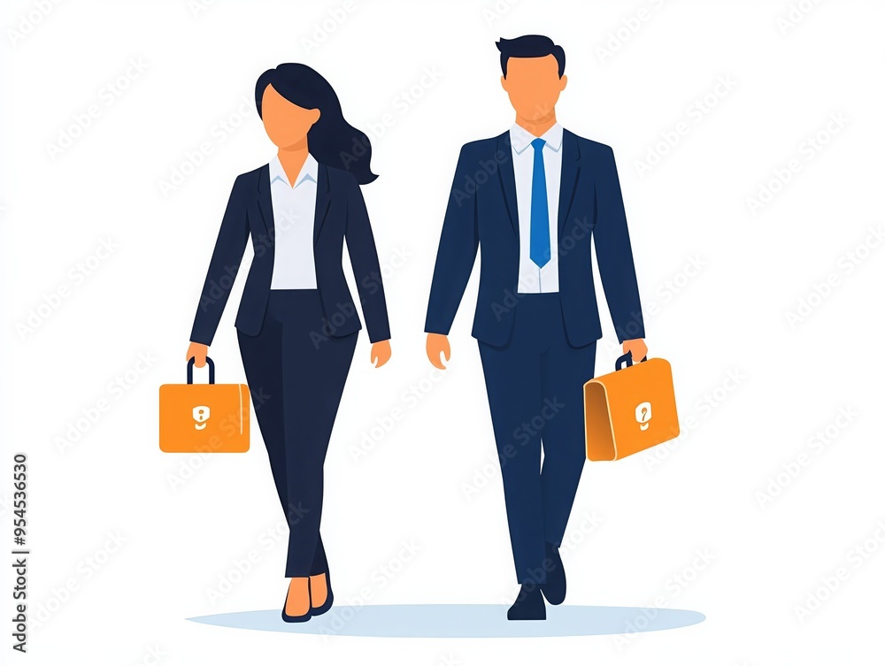 Illustration of a businesswoman and businessman walking with briefcases, depicting professional corporate attire and confidence. Illustration of a businesswoman and businessman walking with briefcases, depicting professional corporate attire and confidence.
