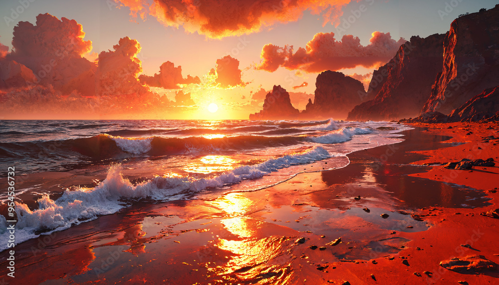 Coucher de soleil enflammé sur la plage Coucher de soleil enflammé sur la plage