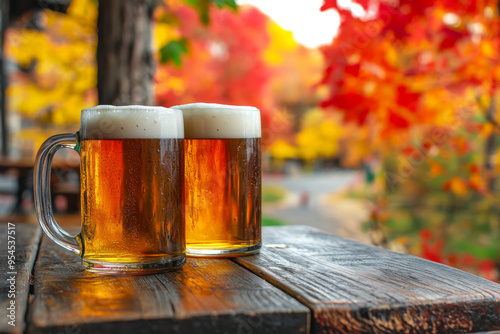 Two frosty mugs of beer sit on a wooden table, surrounded by vibrant autumn foliage in a serene outdoor setting.