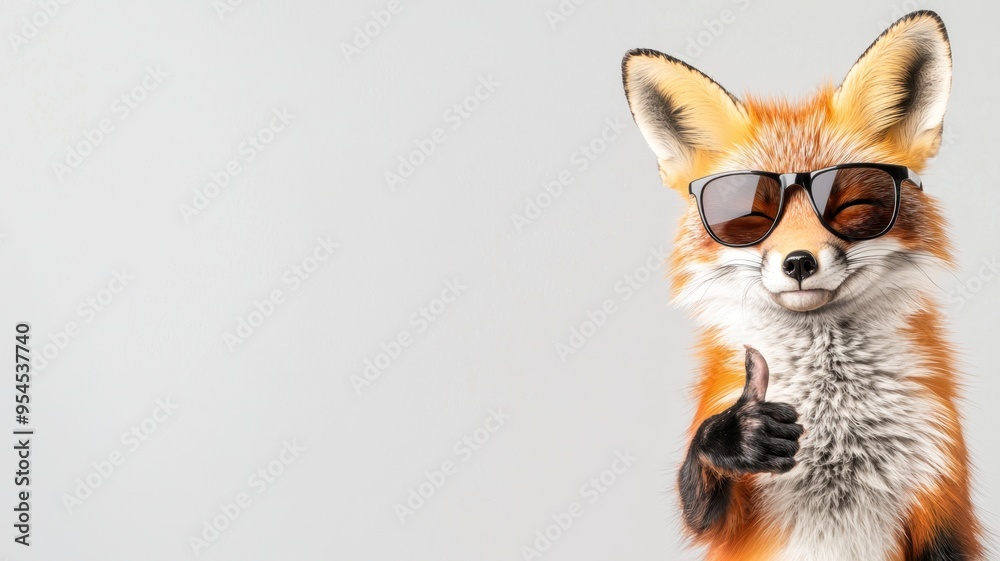 Obraz premium A confident fox wearing sunglasses gives a thumbs up, showcasing a playful and stylish personality against a simple background.
