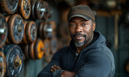 Wallpaper Mural Confident Man in Gym Leaning on Arm Crossed with Weights Background, Casual Sportswear, Daytime Workout Theme for Fitness Motivation Torontodigital.ca