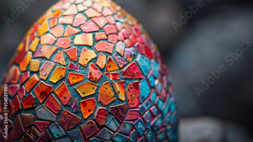 A close-up of an Easter egg with a mosaic pattern, crafted from tiny pieces of colored paper, each piece meticulously placed to create a vibrant, textured design. .