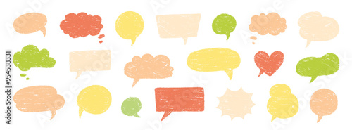 Crayon talk speech balloon frame doodle vector. Hand drawn crayon doodle speech cloud bubble set. Chalk texture sketch text talk cloud balloon frame background. Vector illustration.
