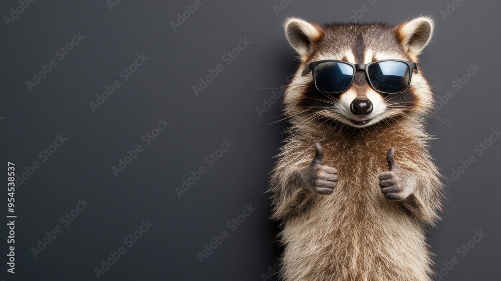 custom made wallpaper toronto digitalA playful raccoon wearing sunglasses, giving a thumbs-up against a dark background. Perfect for fun and quirky themes.