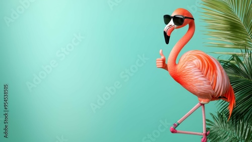 A flamingo in sunglasses standing on one leg with a thumb-up, against a tropical background,