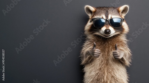 Wallpaper Mural A playful raccoon wearing sunglasses, giving a thumbs-up against a dark background. Perfect for fun and quirky themes. Torontodigital.ca